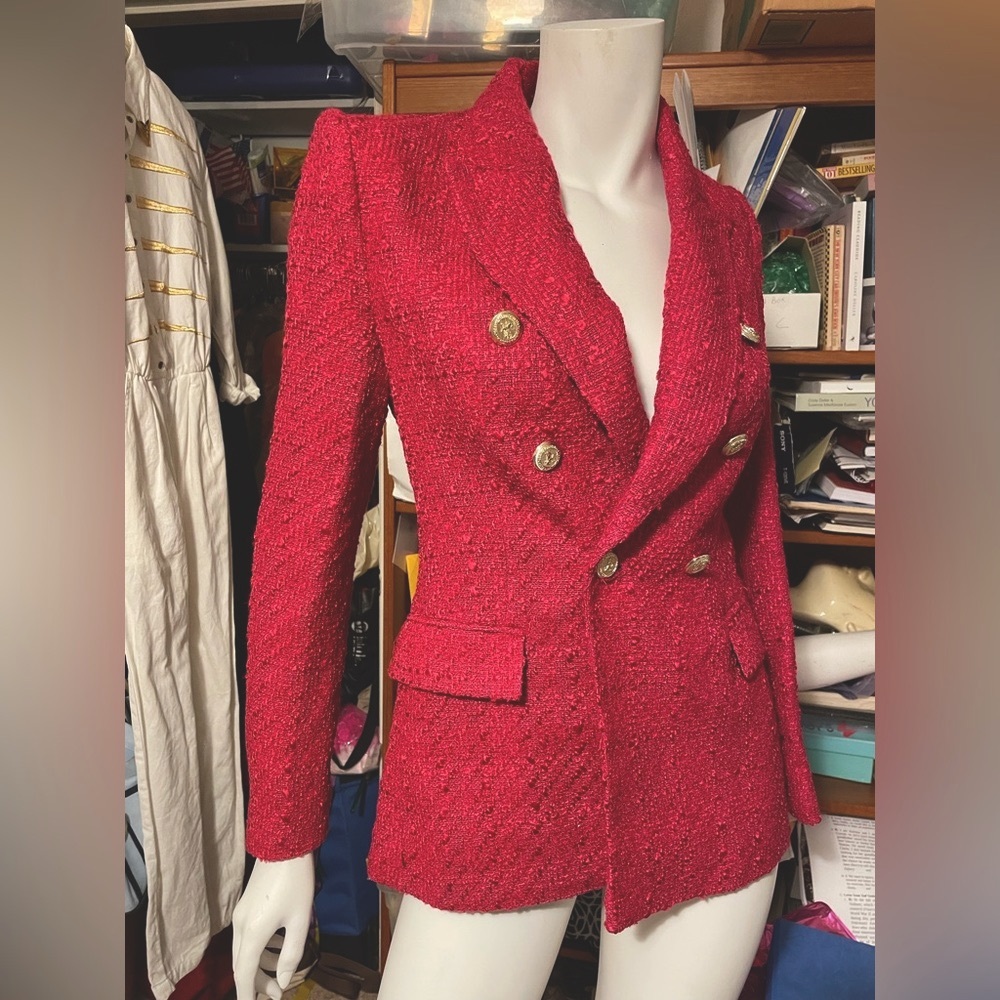 NWT Zara DOUBLE BREASTED raspberry  BLAZER jacket brass buttons textured New XS
